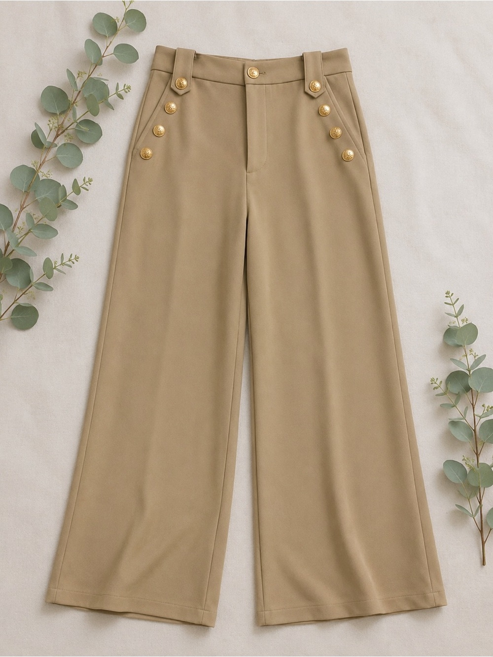 Grace Karin Tan High-Waist Wide Leg Trousers with Gold Button Detail